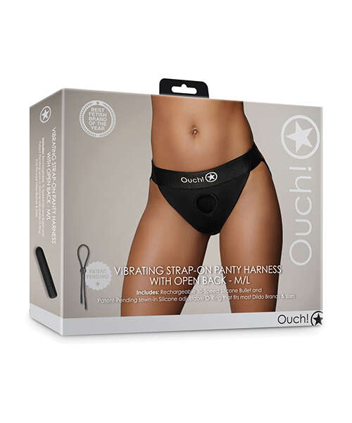 Shots Ouch Vibrating Strap On Panty Harness w/Open Back - Black M/L
