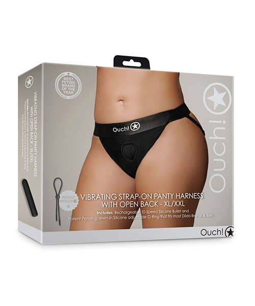 Shots Ouch Vibrating Strap On Panty Harness w/Open Back - Black XL/XXL
