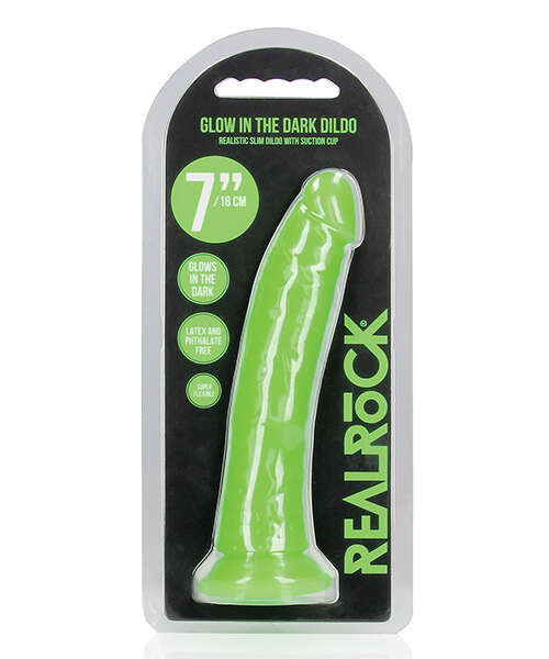 Shots RealRock 7" Slim Dildo Glow in the Dark - Neon Green