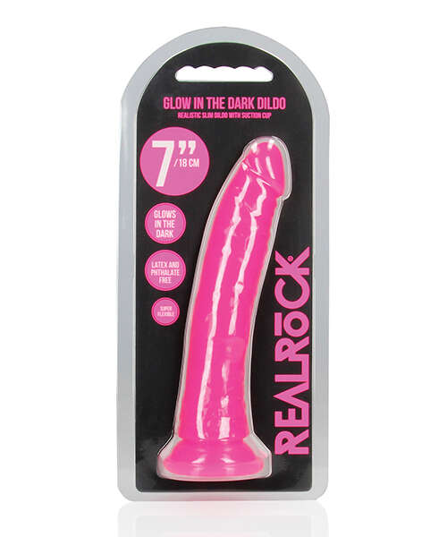 Shots RealRock 7" Slim Dildo Glow in the Dark - Neon Pink