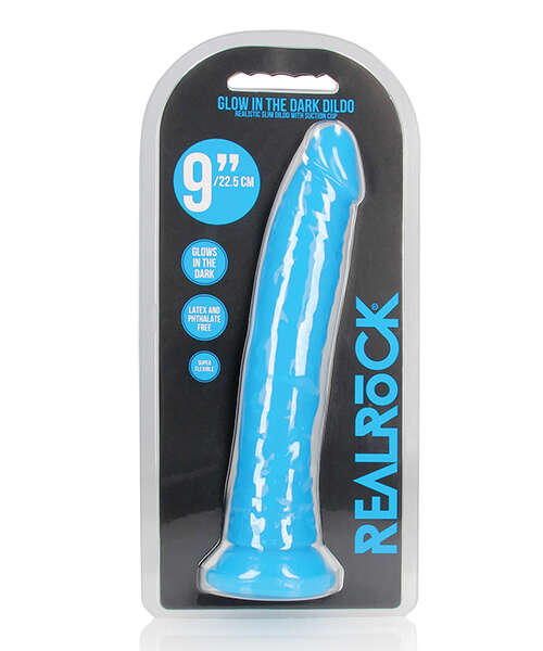 Shots RealRock 9" Slim Dildo Glow in the Dark - Neon Blue
