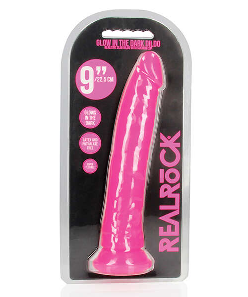 Shots RealRock 9" Slim Dildo Glow in the Dark - Neon Pink