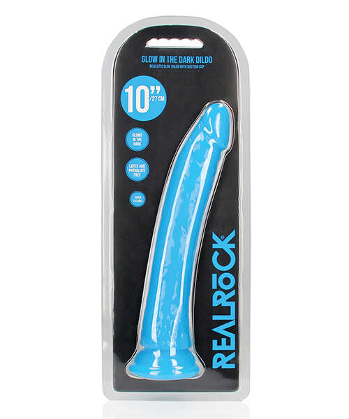 Shots RealRock 10" Slim Dildo Glow in the Dark - Neon Blue