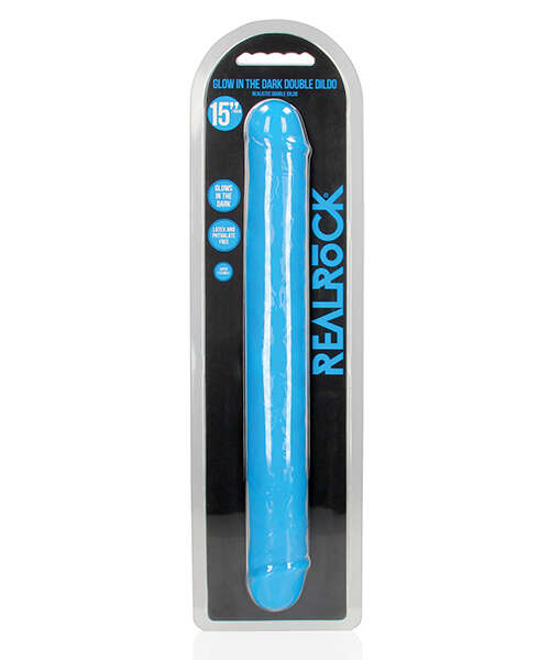 Shots RealRock 15" Double Dong Glow in the Dark - Neon Blue