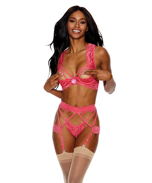 Lace Underwire Peek a Boo Bra, Garterbelt & G-String Coral XL