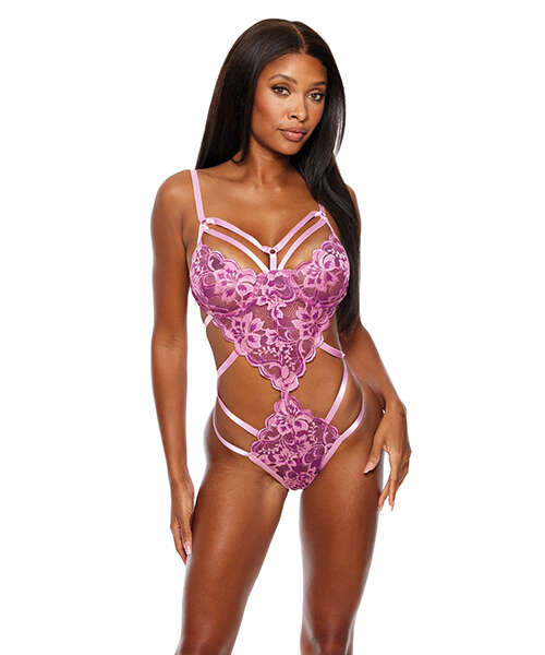 Strappy Floral Lace Teddy - Pink XL