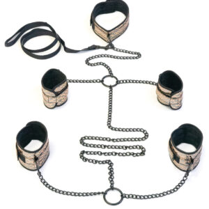 Spartacus Faux Leather Collar to Wrist & Ankle Restraints Bondage Kit w/Leash - Gold