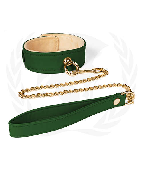 Spartacus Plush Lined PU Collar & Chained Leash - Green