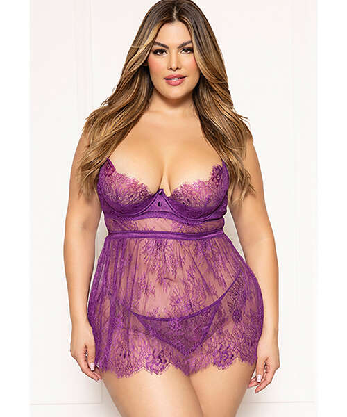Floral Eyelash Lace Underwire Babydoll w/Thong 2 pc Set - Purple 1X/2X