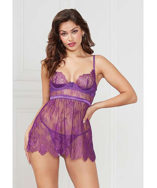 Floral Eyelash Lace Underwire Babydoll w/Thong 2 pc Set - Purple SM