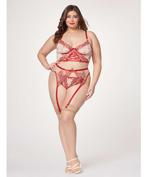 Sheer Stretch Mesh w/Floral Contrast Embroidery Bustier, Garter Belt & Thong Red/Nude 3X/4X