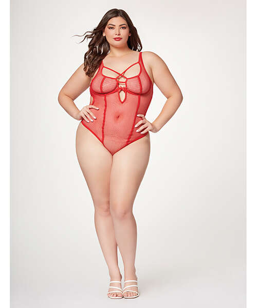 Fishnet Strappy High Cut Leg Teddy Red 1X/2X