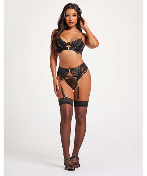 Scalloped Lace Bra w/Gold Chain, Garter Belt & Thong Black LG