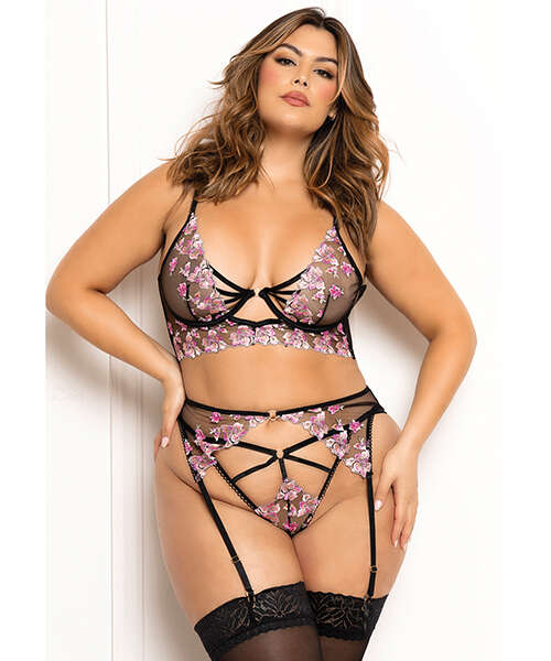 Floral Lace and Mesh Long Line Underwire Bra w/Garter & G-String - Black/Pink 1X/2X