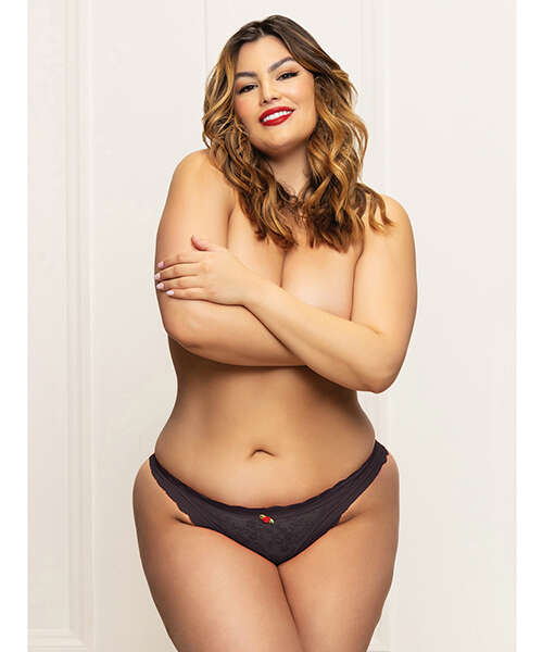 Lace Panty w/Heart Cut Out Back & Pearl Chain Detail - Black 1X/2X
