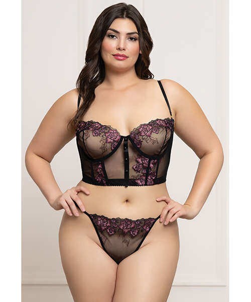Floral Lace and Mesh Underwire Bustier w/Thong 2 pc Set - Black/Purple 1X/2X