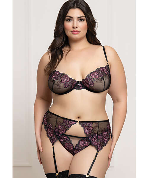 Floral Lace and Mesh Underwire Bra w/Garter & Thong 3 pc Set - Black/Purple 1X/2X