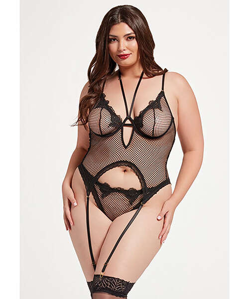 Stretch Mesh and Lace Cami w/Thong 2 pc Set - Black QN