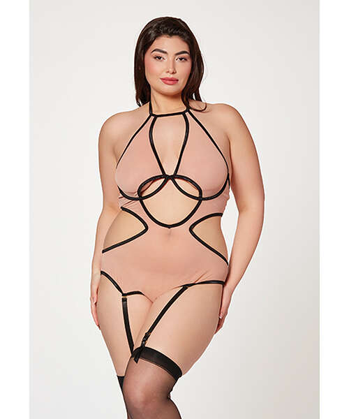 Mesh Cut Out Halter Teddy Nude/Black QN
