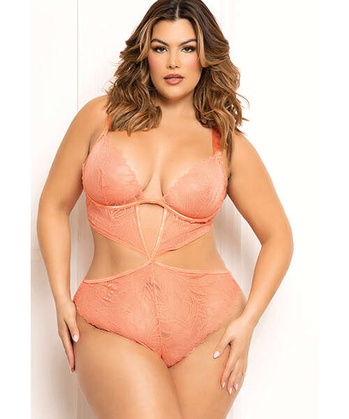Floral Lace Underwire Teddy - Coral QN