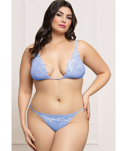 Lace Triangle Top & G-String with Rhinestone Details - Periwinkle Blue QN