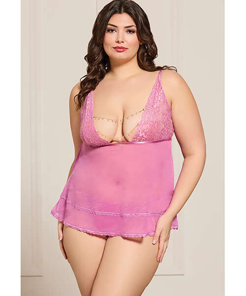 Lace and Mesh Babydoll w/Thong & Rhinestone Detail - Pink QN