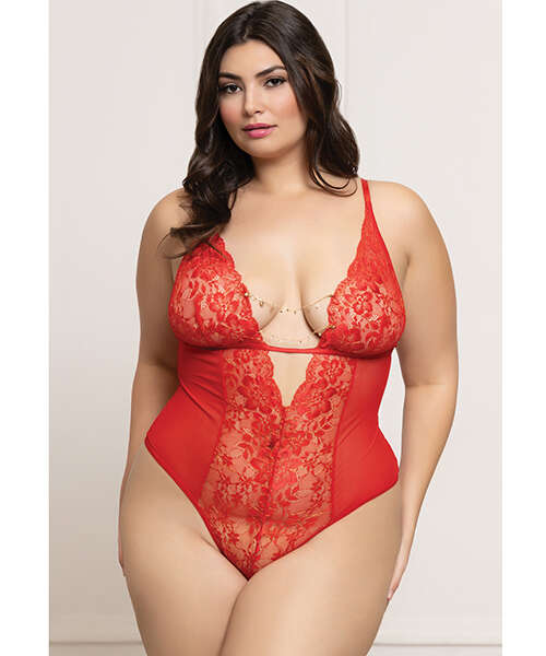 Lace and Mesh Open Crotch Teddy w/Rhinestone Detail - Red QN