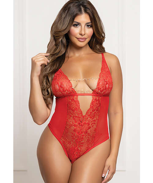 Lace and Mesh Open Crotch Teddy w/Rhinestone Detail - Red O/S