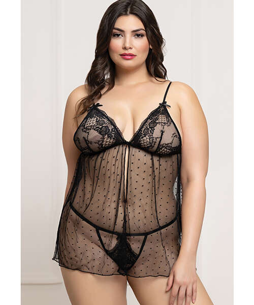 Lace and Dot Mesh Babydoll w/G-String - Black QN