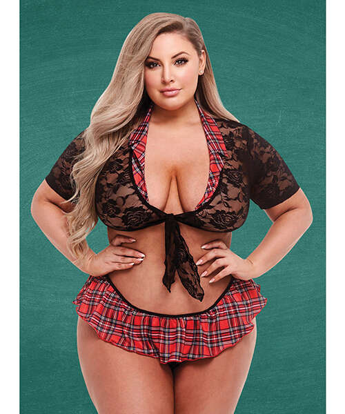 Teacher's Pet Schoolgirl Lace Top, Tie & Skirt Black/Red QN