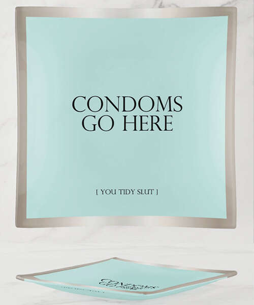 Warm Human Condoms Go Here Glass Trinket Tray
