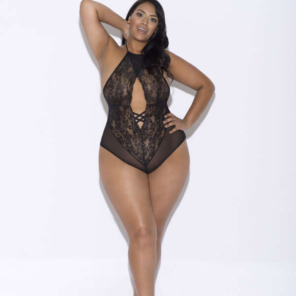 Lace and Mesh Halter Teddy - Queen Size - Black