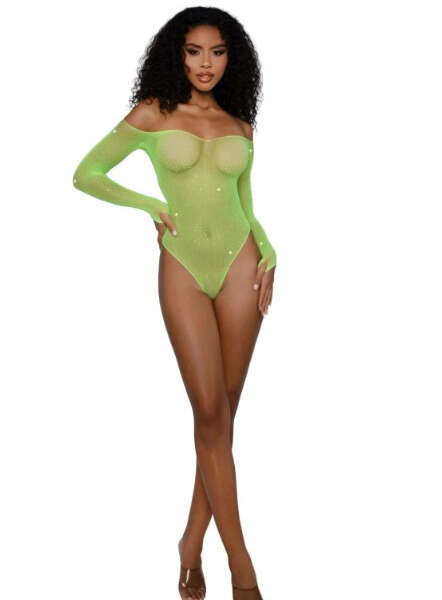 Rhinestone Off Shoulder Bodystocking - Os - Neon Lime
