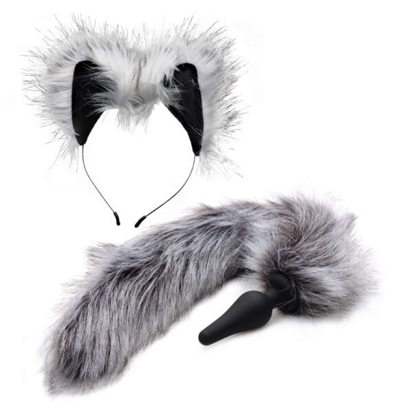 Grey Wolf Tail Anal Plug and Ears Set