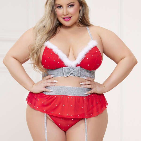 3 Pc Rhinestone Stud Bra With Marabou Trim and  Garter Belt With Mesh Thong - Queen - Red