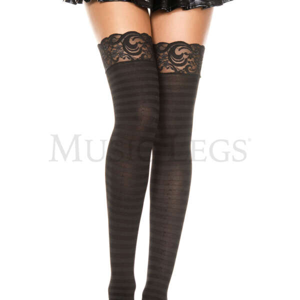 Lace Top Striped Thigh Hi - One Size - Black
