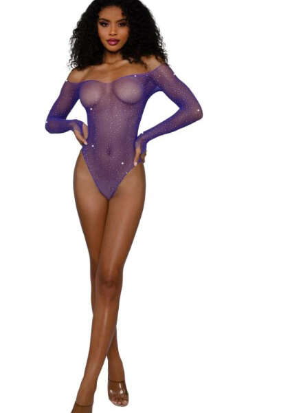 Rhinestone Off Shoulder Bodystocking - Os - Ultra Violet