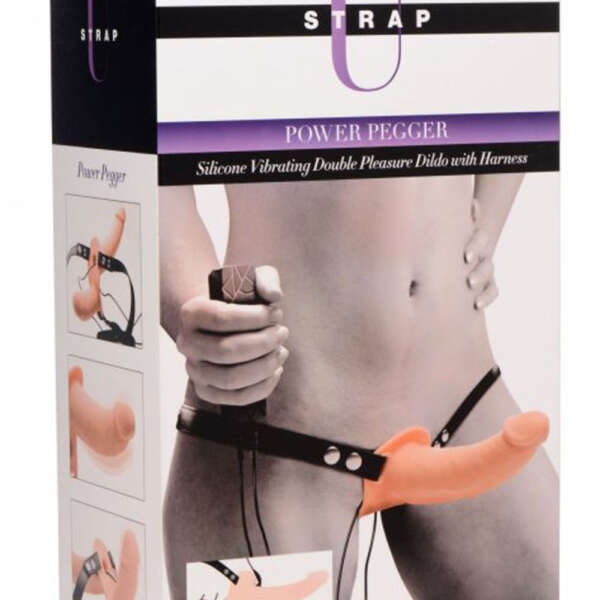 Power Pegger Silicone Vibrating Double Dildo With  Harness - Flesh