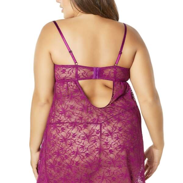 Lace Empire Babydoll With Functional Tie Shelf Cups G-String - Amaranth - 3x4x