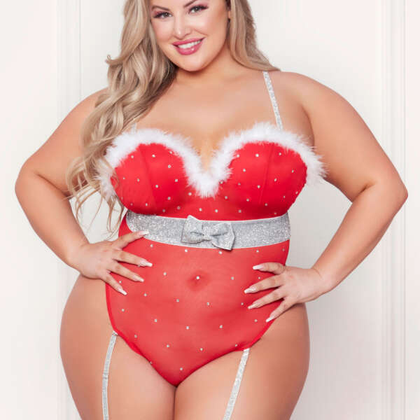 Rhinestone Studded Mesh Teddy With Marabou Trim - 1x/2x - Red