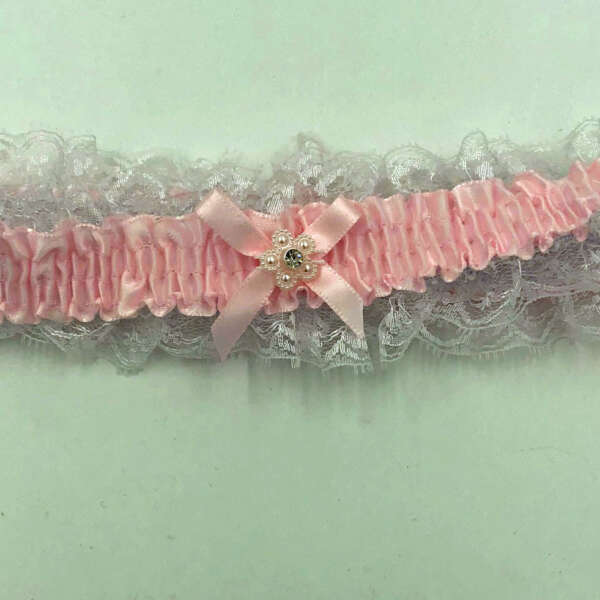 Satin Leg Garter - One Size - Baby Pink With White Lace