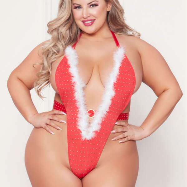 Rhinestone Studded Mesh Teddy With Marabou Trim -  Queen - Red