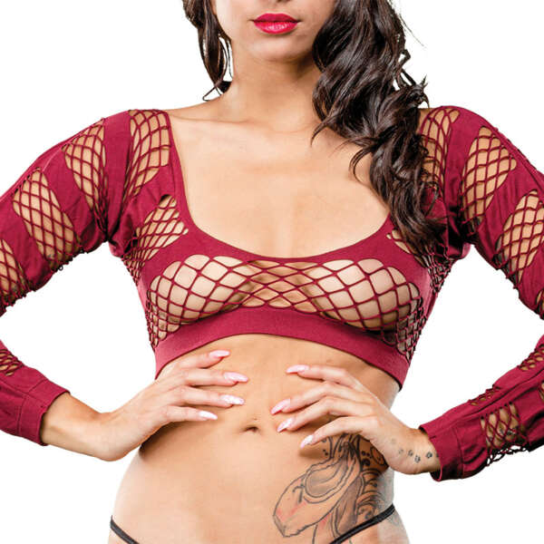 Horizontal Stripes Mesh Crotchless Leggings - One Size- Burgandy