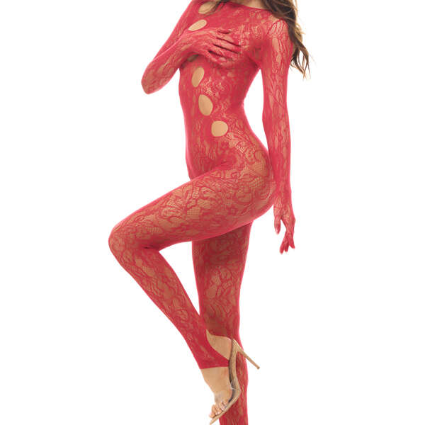 Split Up Lace Bodystocking - Red - Os