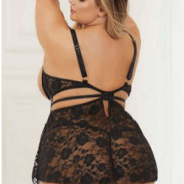 2 Pc Lace Babydoll and G-String Set - Queen -  Black