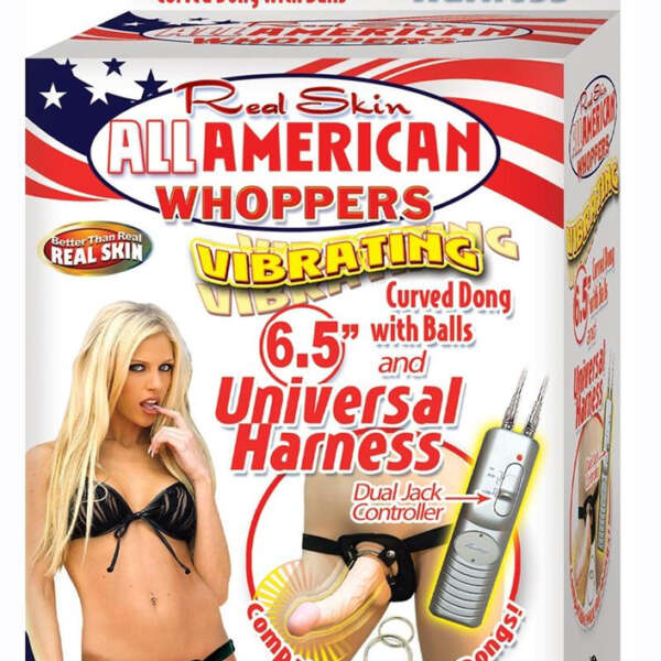 All American Whoppers Vibrating 6.5-Inch Dong With Universasl Harness - Flesh