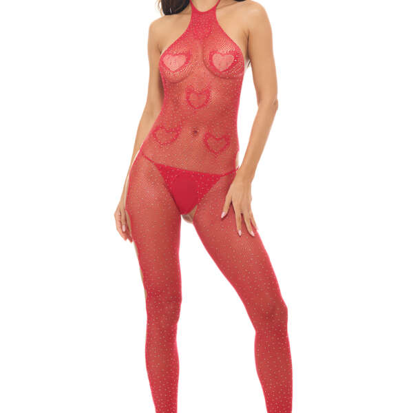 Love Stroke Stones Heart Bodystocking and G-String Red - Os