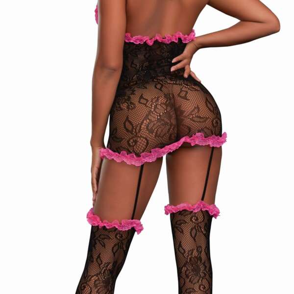 Lace Ruffle Garter Dress - One Size - Black/  Fuchsia