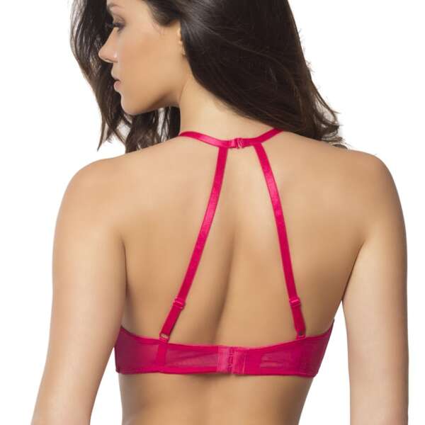 High Neck Bra With Diagonal Eyelash  Lace Panels - Large - Bright Rose