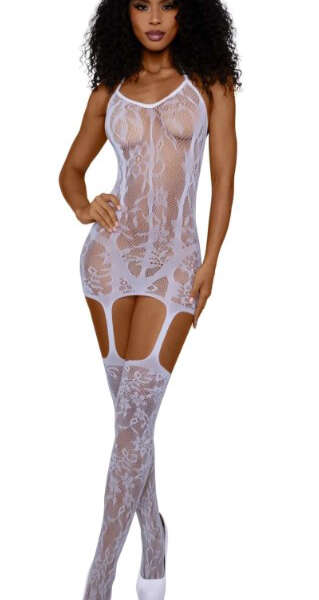 Lace and Opaque Seam Garter Dress - Os - White